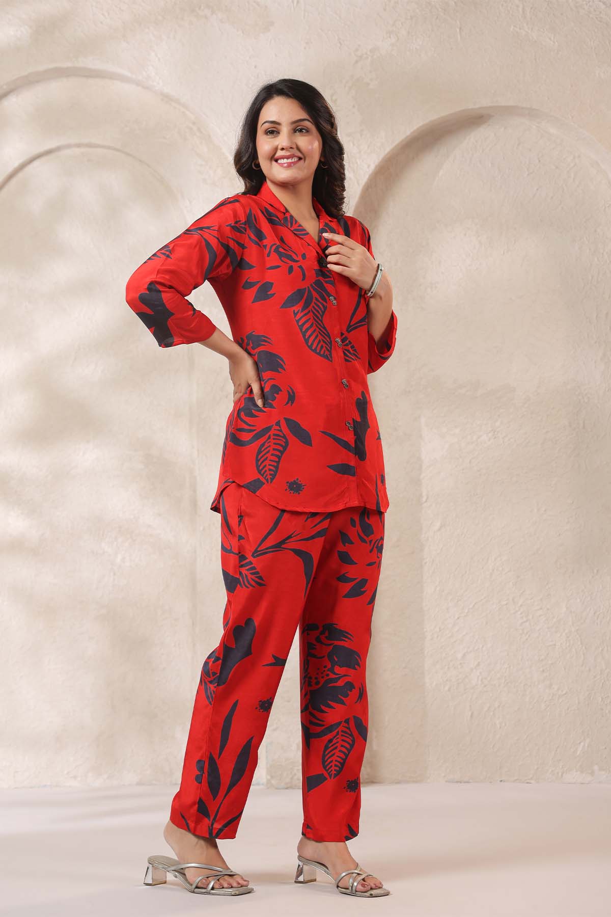 Red Printed Russian Silk Co-Ord Set for Women