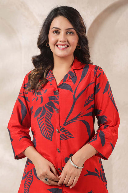 Red Printed Russian Silk Co-Ord Set for Women