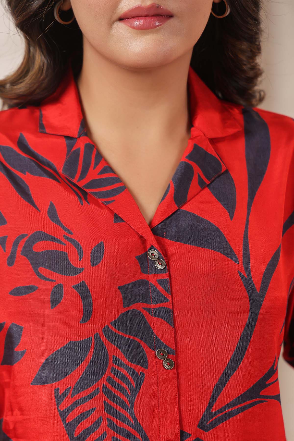 Red Printed Russian Silk Co-Ord Set for Women