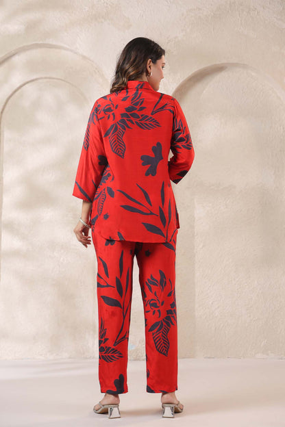 Red Printed Russian Silk Co-Ord Set for Women