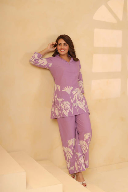 Purple Printed Russian Silk Co-Ord Set for Women