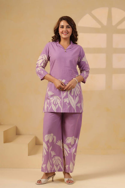 Purple Printed Russian Silk Co-Ord Set for Women