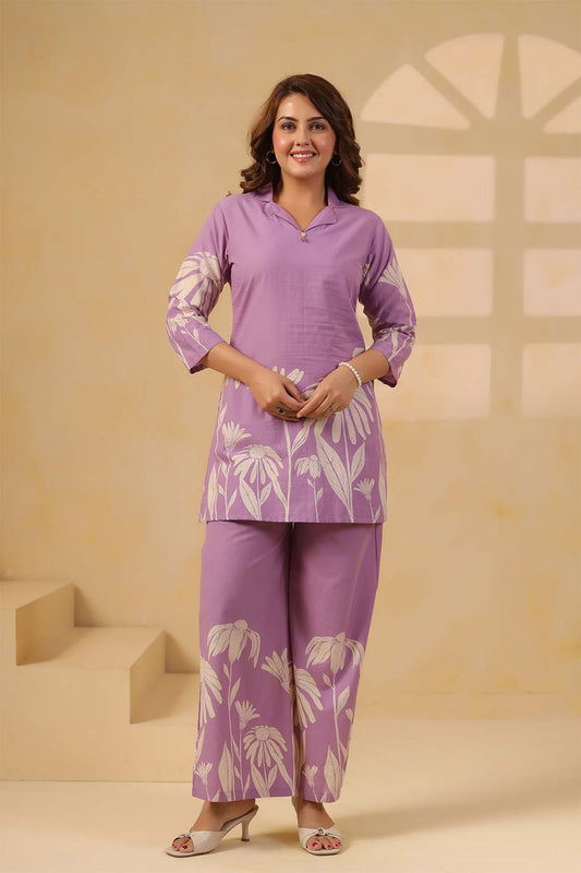 Purple Printed Russian Silk Co-Ord Set for Women