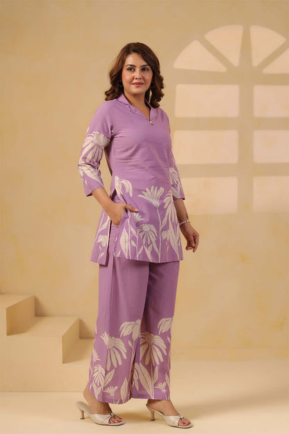 Purple Printed Russian Silk Co-Ord Set for Women