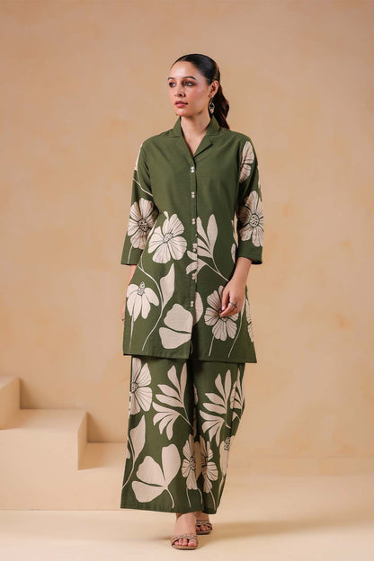 Green Printed Russian Silk Co-Ord Set for Women