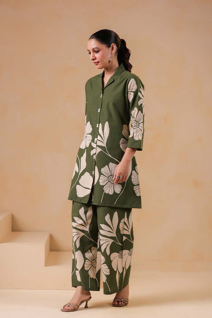 Green Printed Russian Silk Co-Ord Set for Women
