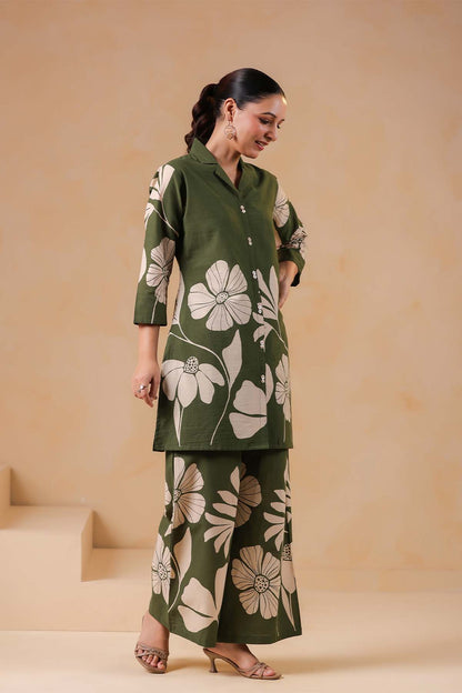Green Printed Russian Silk Co-Ord Set for Women