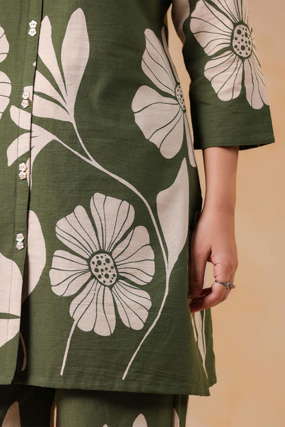 Green Printed Russian Silk Co-Ord Set for Women