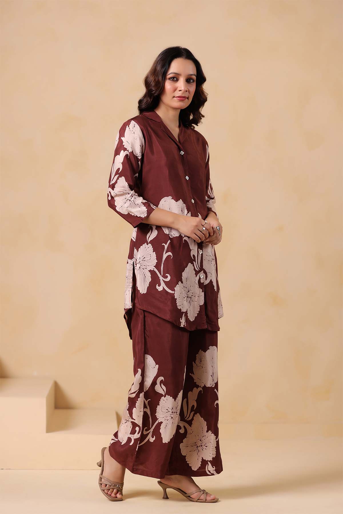 Brown Printed Russian Silk Co-Ord Set for Women