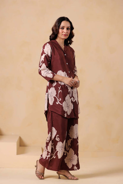 Brown Printed Russian Silk Co-Ord Set for Women