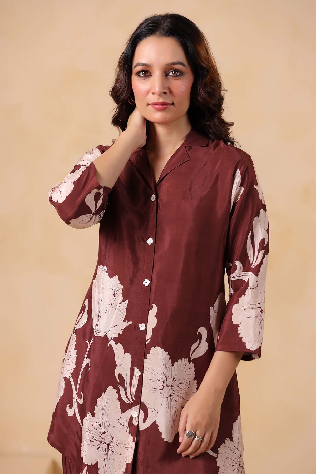 Brown Printed Russian Silk Co-Ord Set for Women