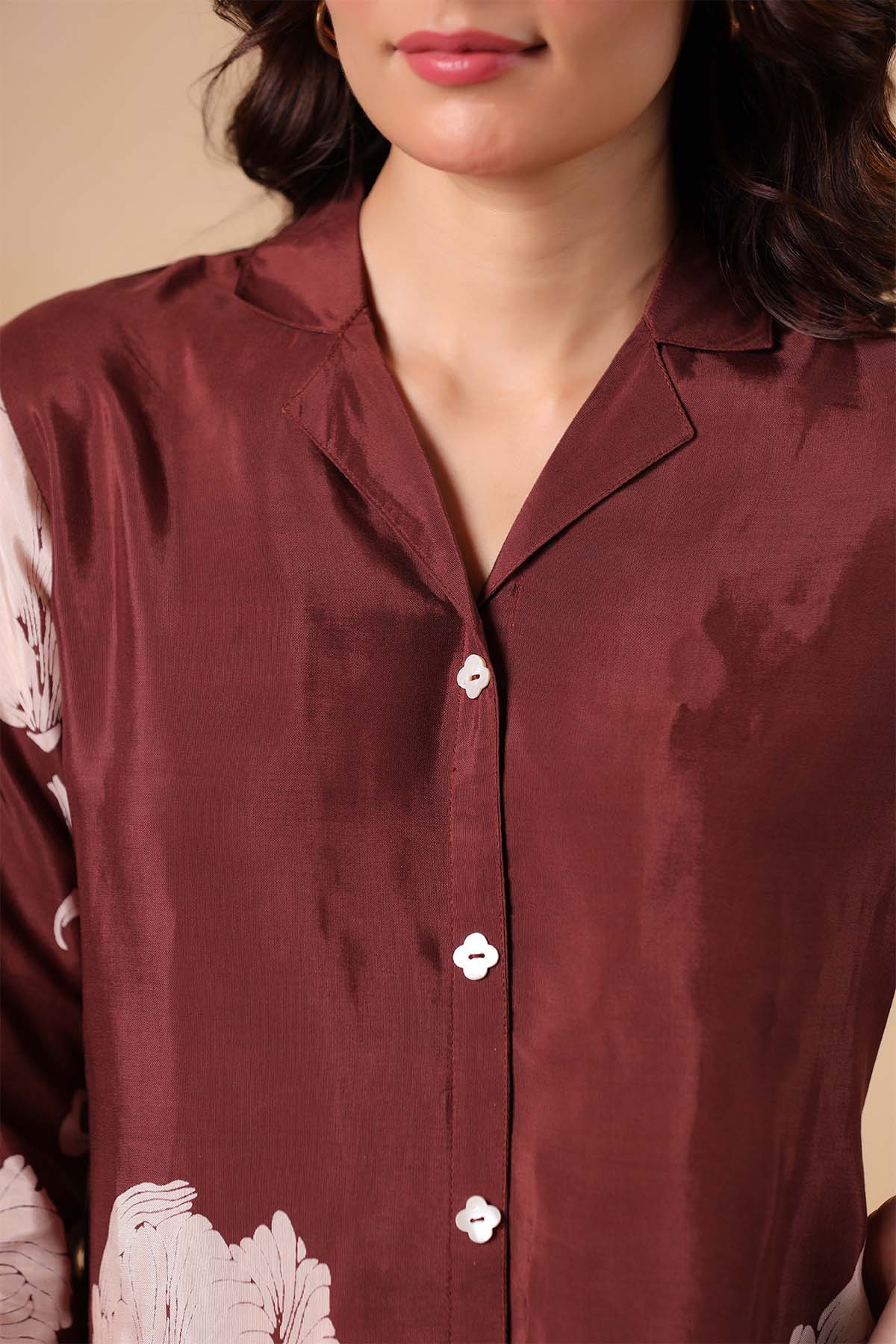 Brown Printed Russian Silk Co-Ord Set for Women