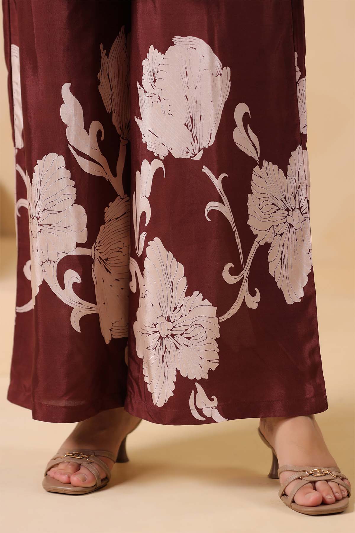 Brown Printed Russian Silk Co-Ord Set for Women