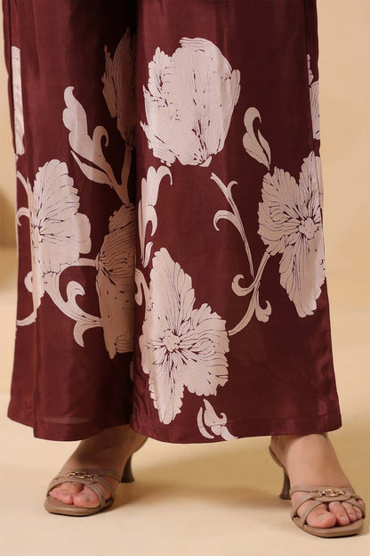 Brown Printed Russian Silk Co-Ord Set for Women