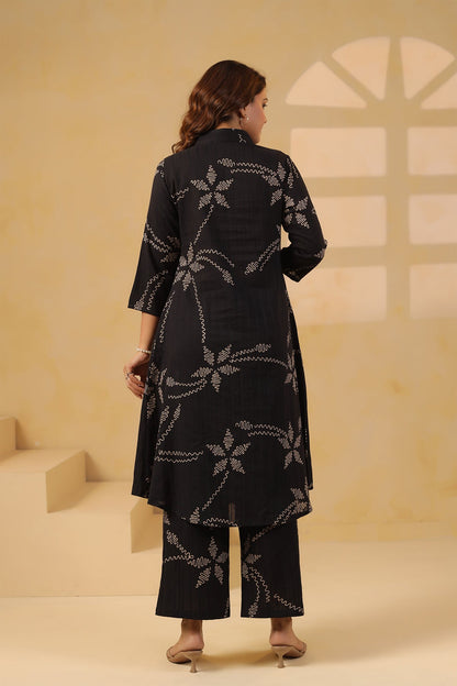 Black Cotton Dobby Floral Kurta Set