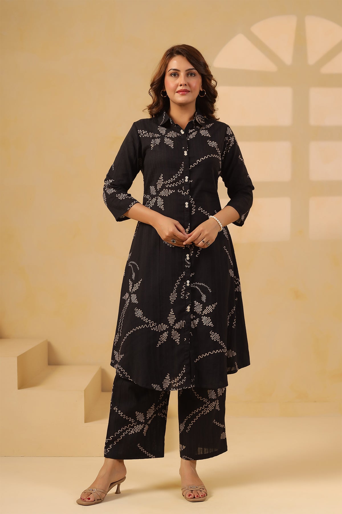 Black Cotton Dobby Floral Kurta Set