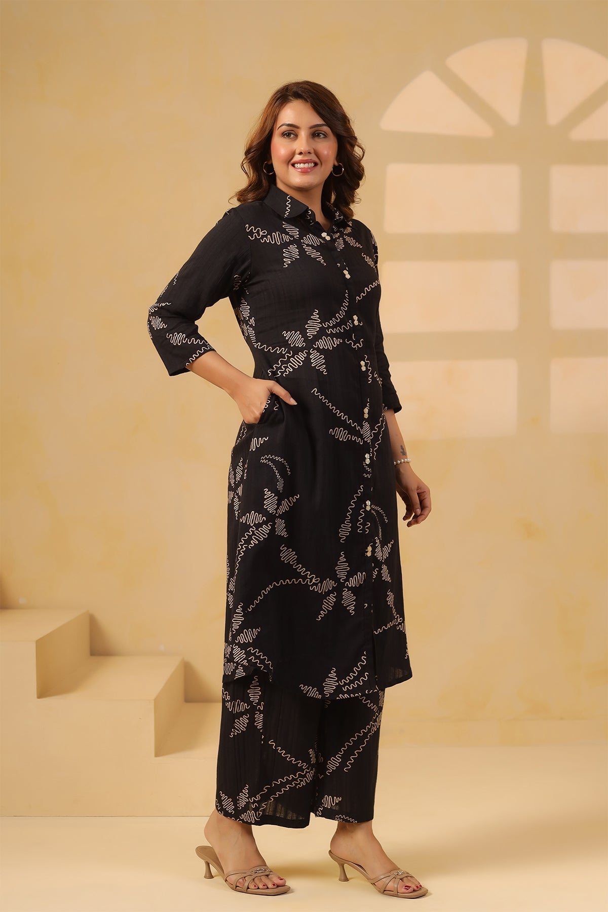 Black Cotton Dobby Floral Kurta Set
