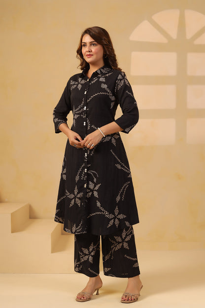 Black Cotton Dobby Floral Kurta Set