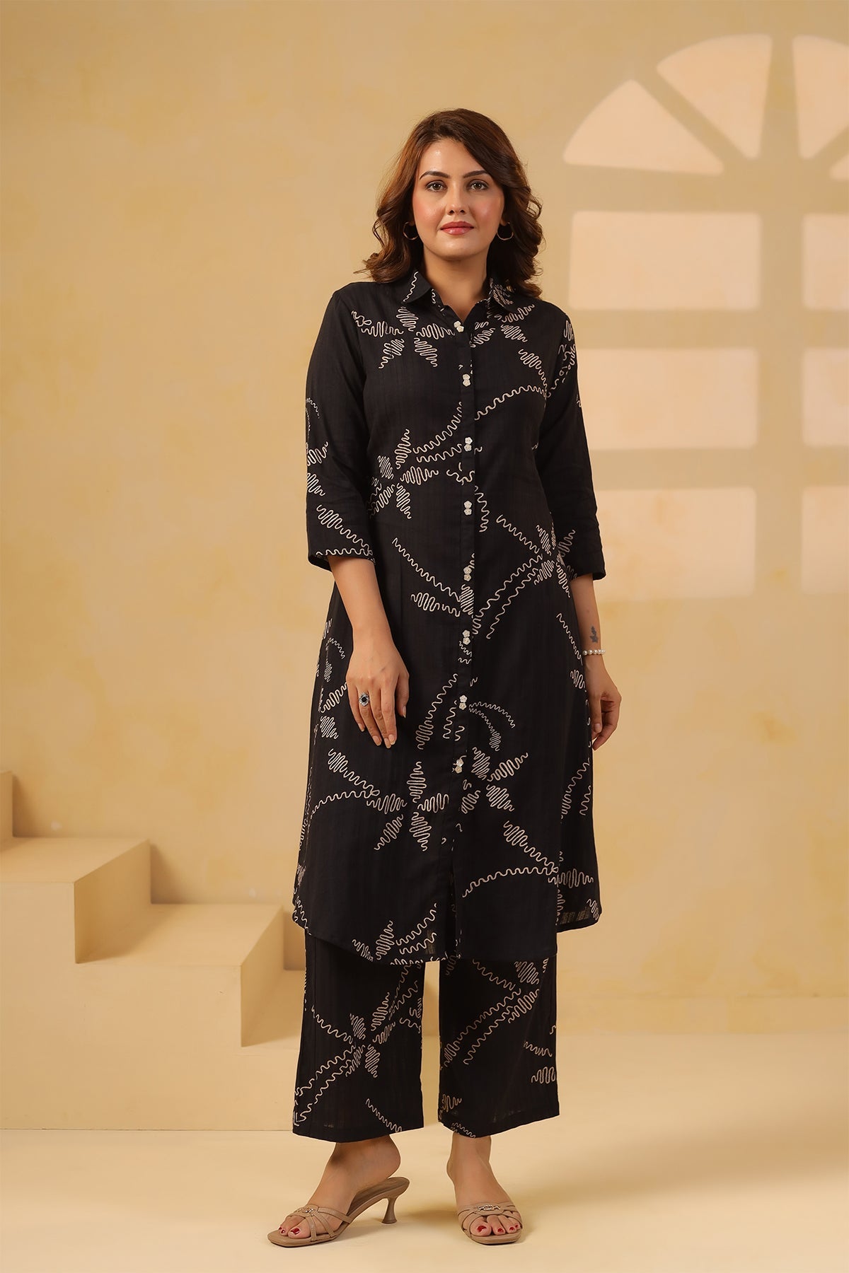 Black Cotton Dobby Floral Kurta Set