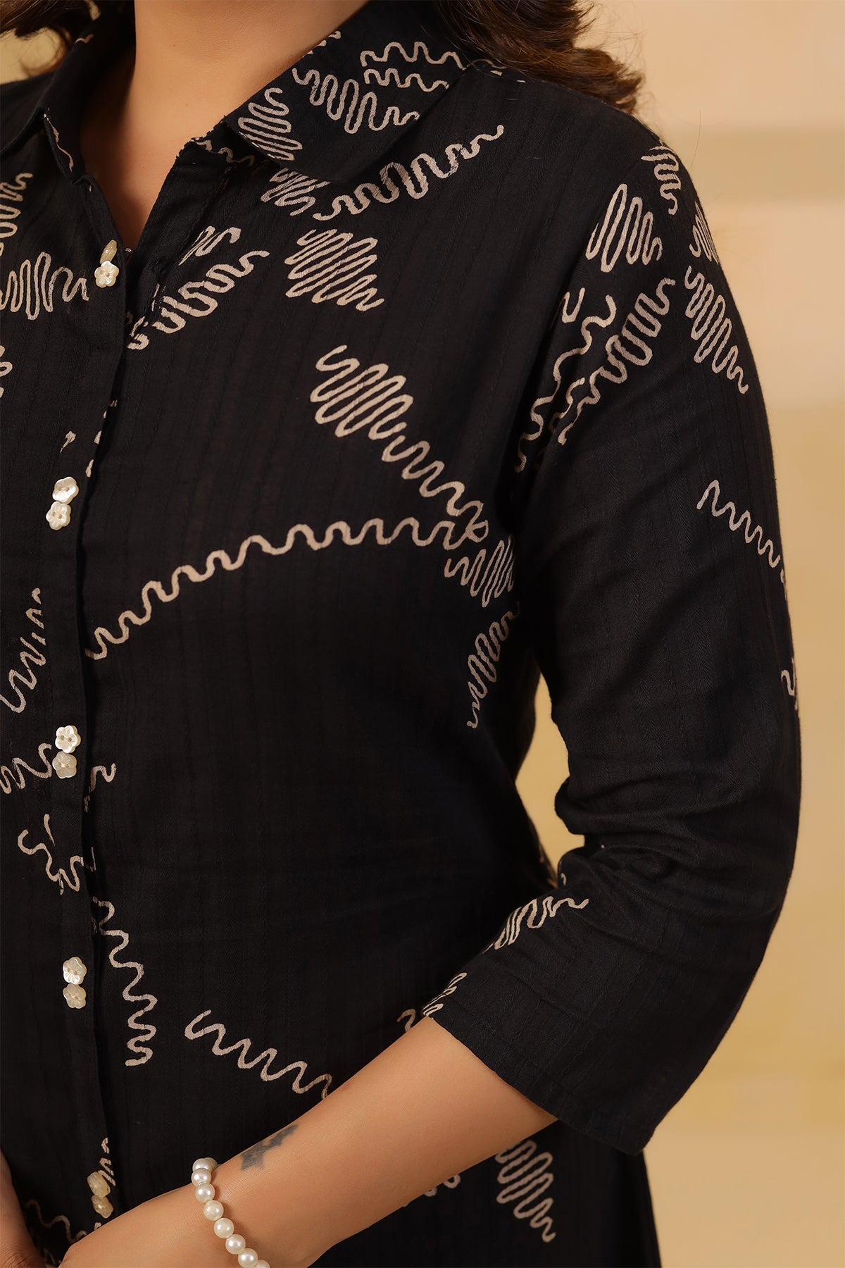 Black Cotton Dobby Floral Kurta Set