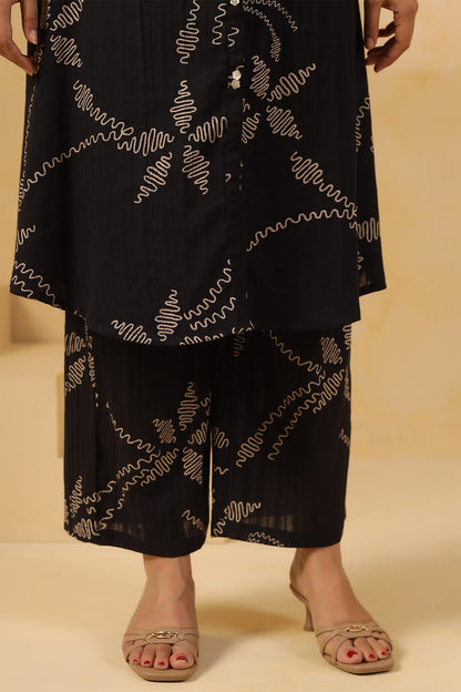 Black Cotton Dobby Floral Kurta Set