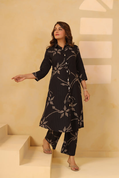 Black Cotton Dobby Floral Kurta Set