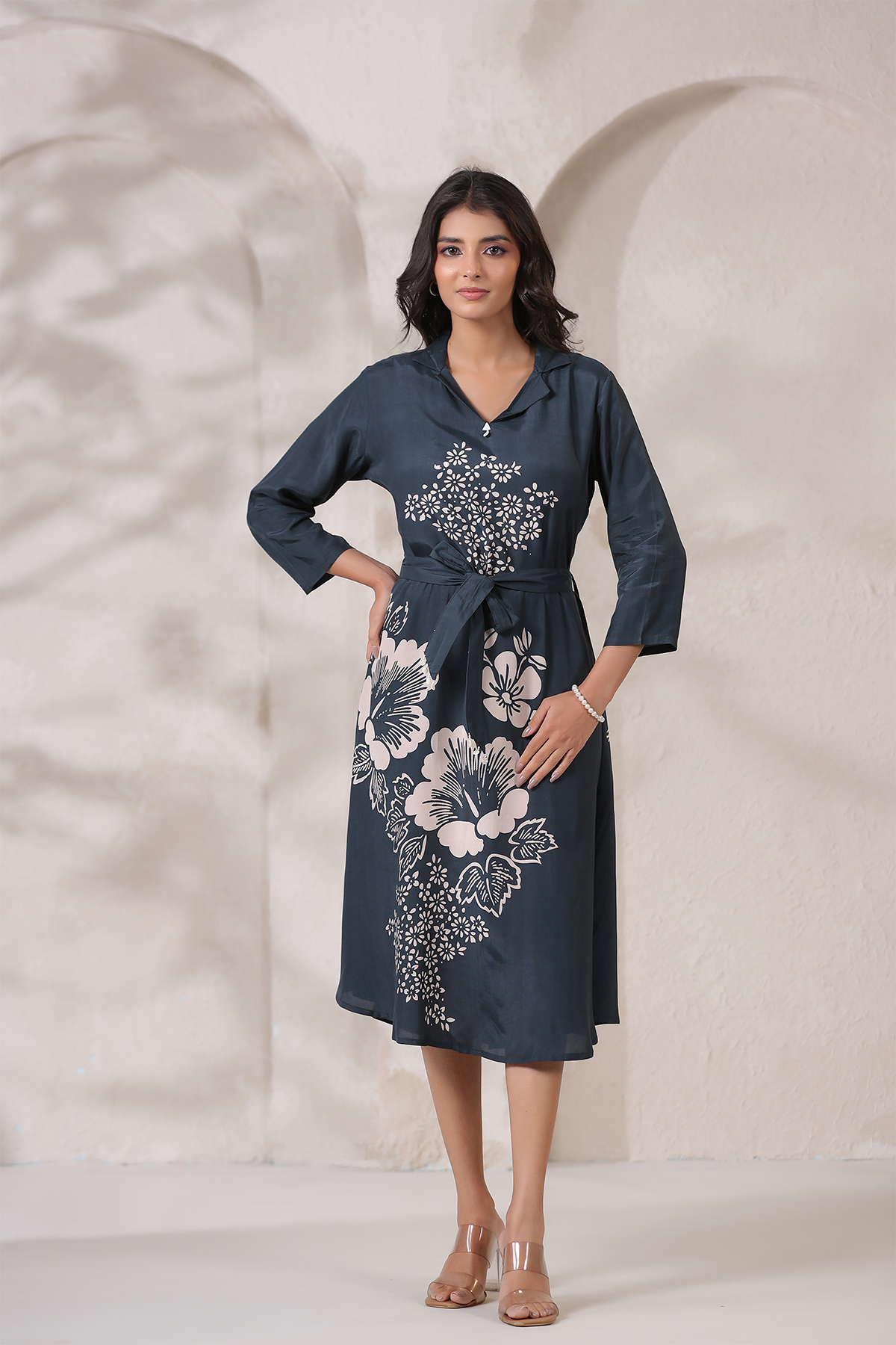 Grey Russian Silk Midi Dress