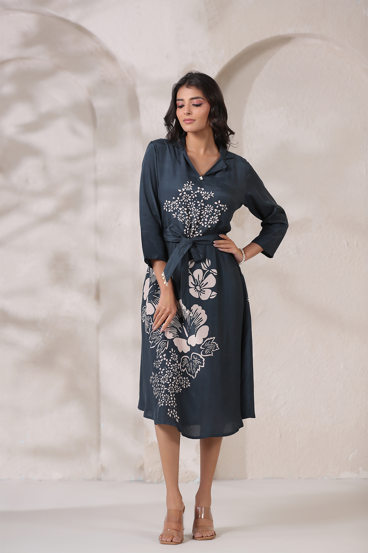 Grey Russian Silk Midi Dress