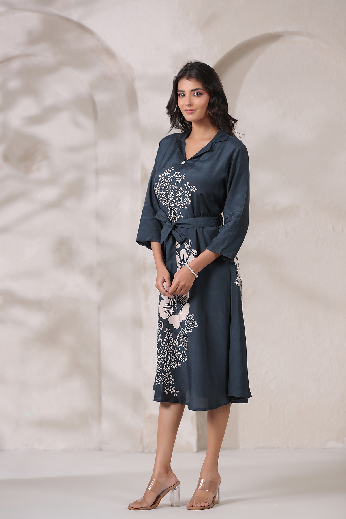 Grey Russian Silk Midi Dress