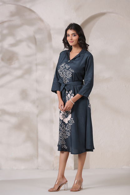 Grey Russian Silk Midi Dress