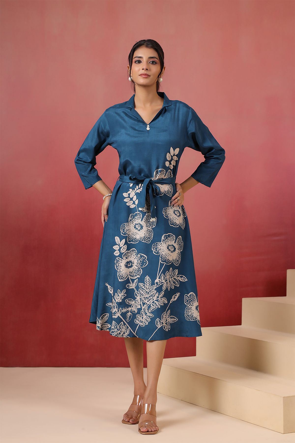 Blue Russian Silk Midi Dress