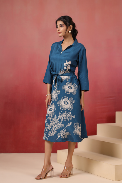 Blue Russian Silk Midi Dress