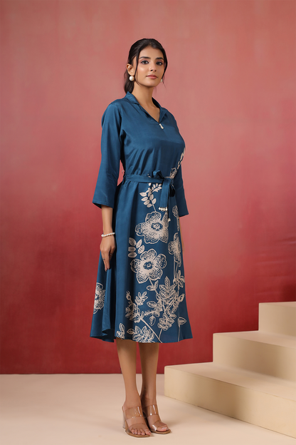 Blue Russian Silk Midi Dress