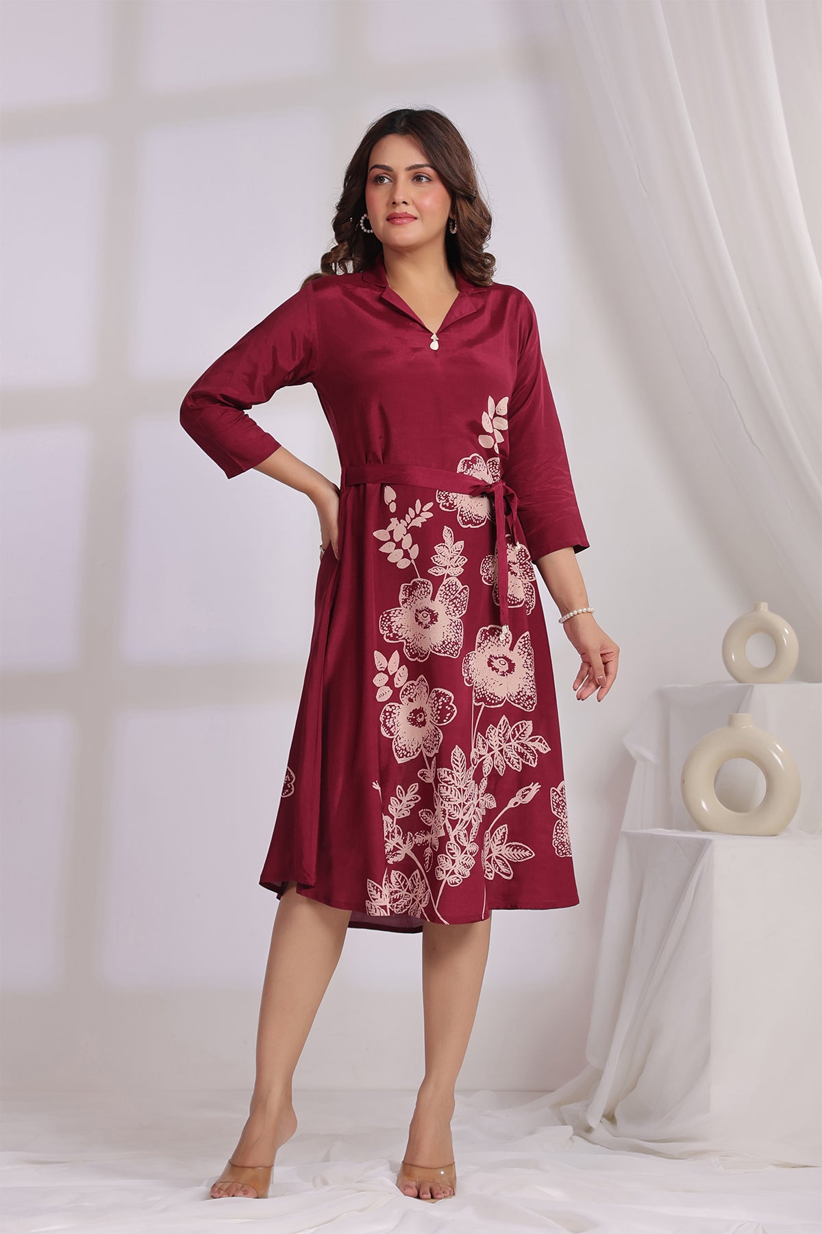 Wine Russian Silk Midi Dress