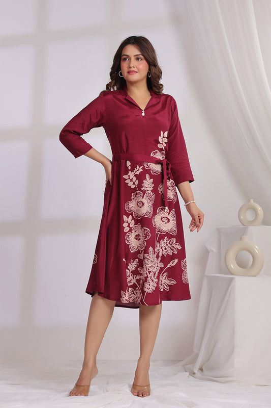 Wine Russian Silk Midi Dress