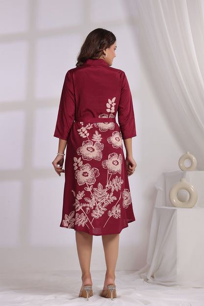 Wine Russian Silk Midi Dress
