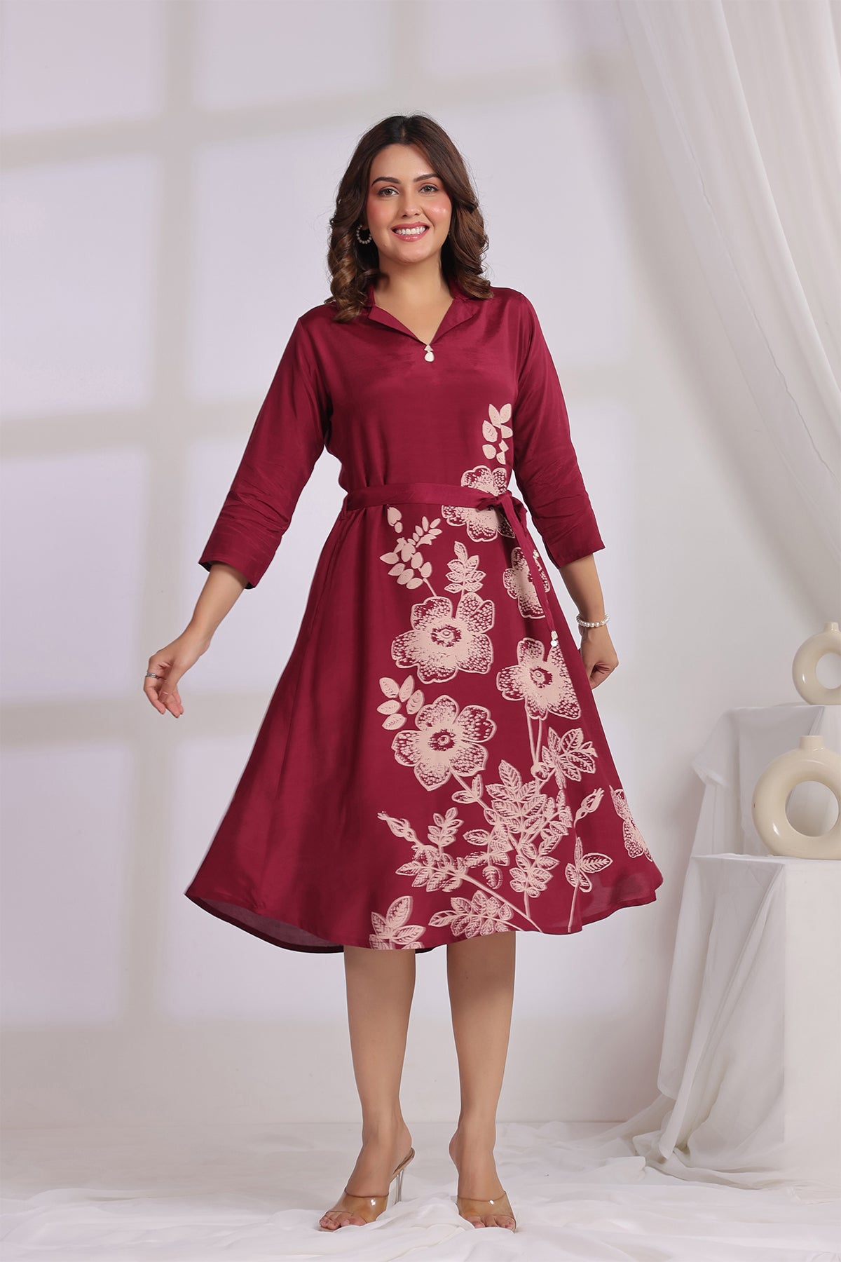 Wine Russian Silk Midi Dress