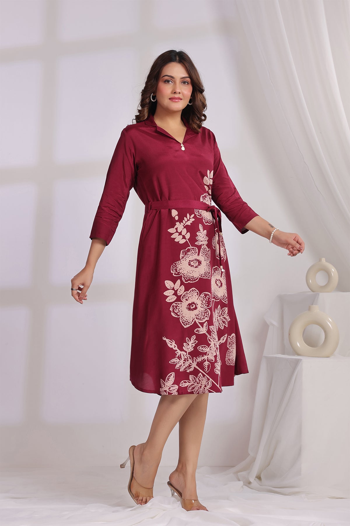Wine Russian Silk Midi Dress