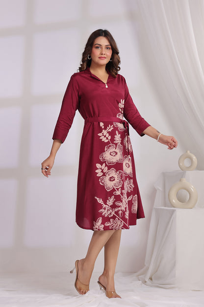 Wine Russian Silk Midi Dress