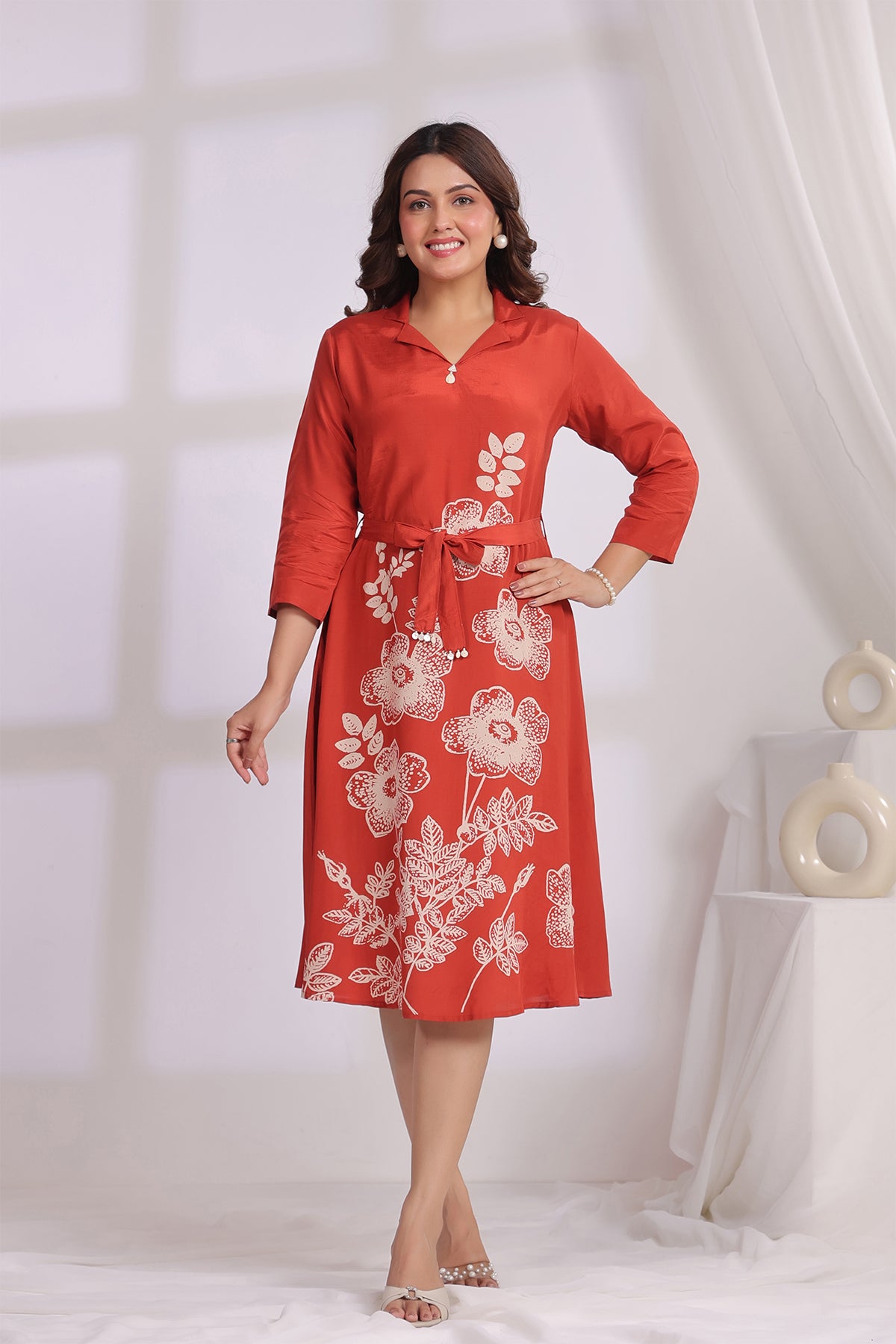 Rust Russian Silk Midi Dress