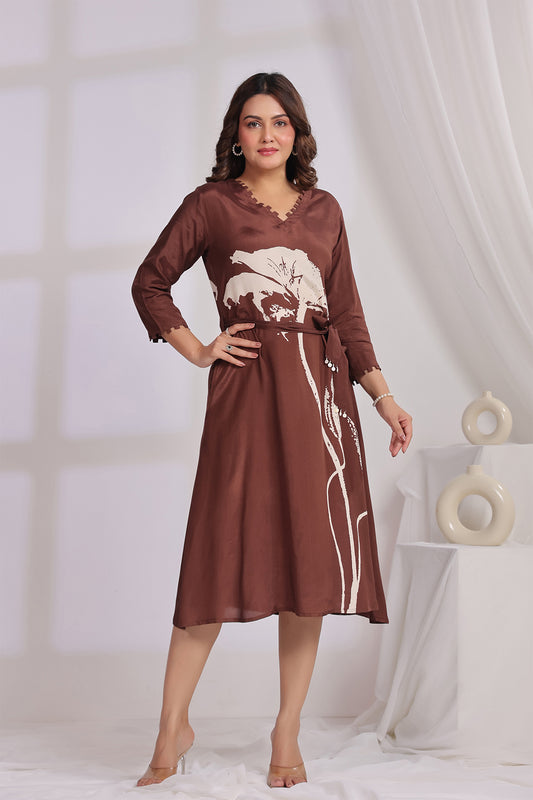 Brown Midi Russian Silk Dress