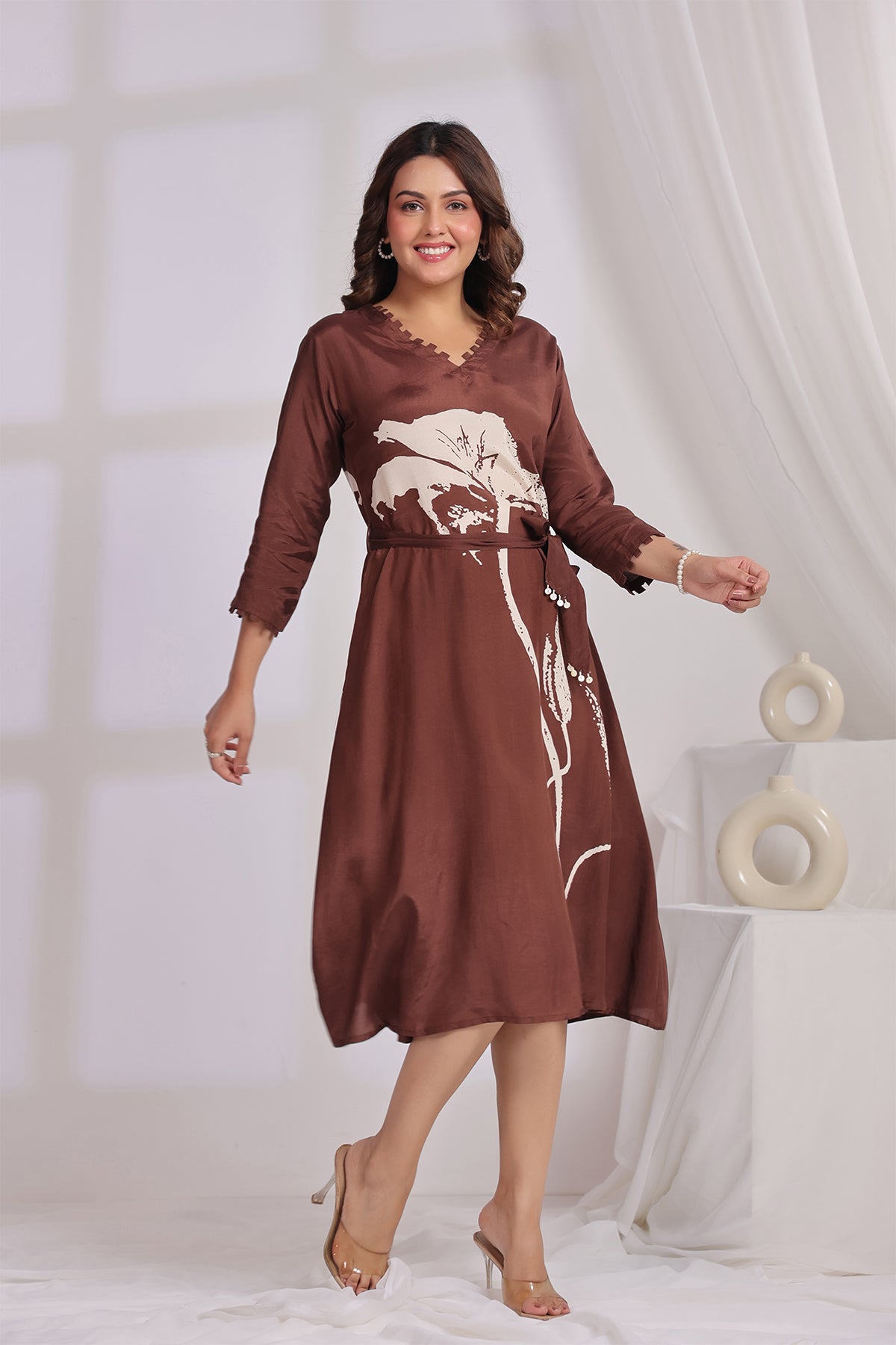 Brown Midi Russian Silk Dress