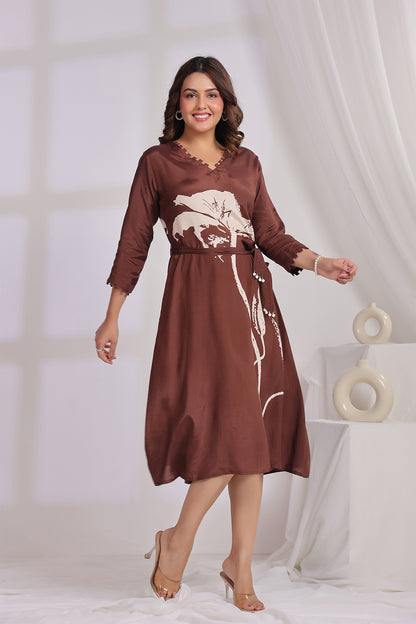 Brown Midi Russian Silk Dress
