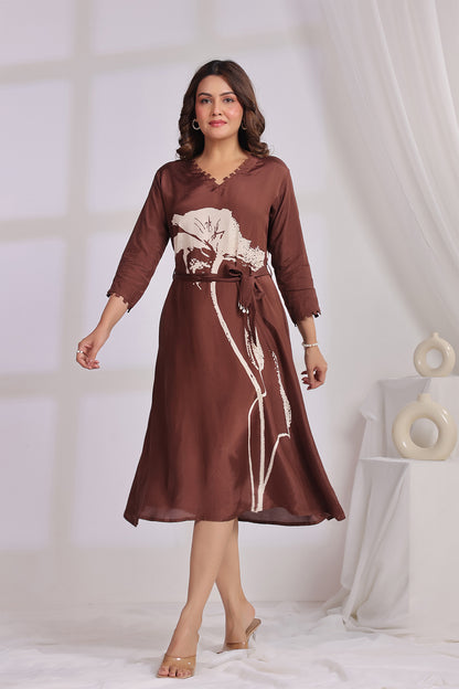 Brown Midi Russian Silk Dress
