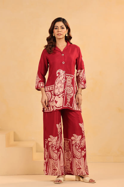 Maroon Russian Sil Floral Print Co-Ord Set