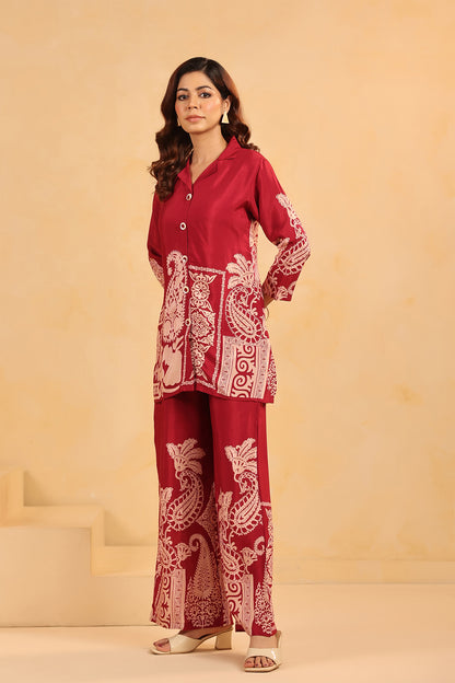 Maroon Russian Sil Floral Print Co-Ord Set