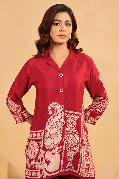 Maroon Russian Sil Floral Print Co-Ord Set