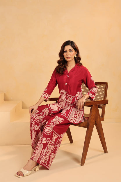 Maroon Russian Sil Floral Print Co-Ord Set