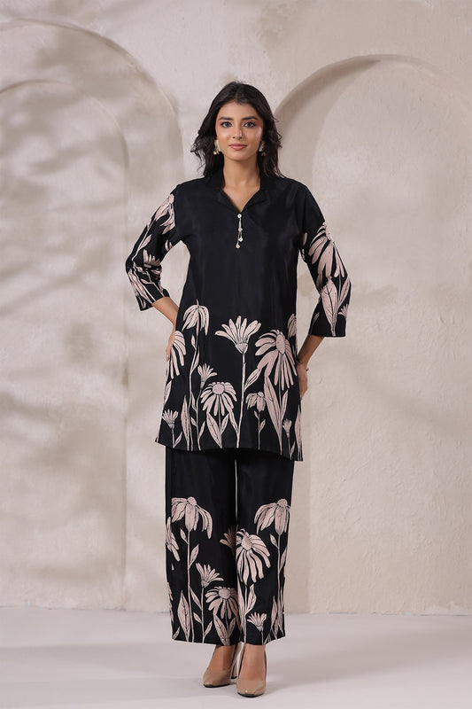 Black Floral Russian Silk Co-Ord Set