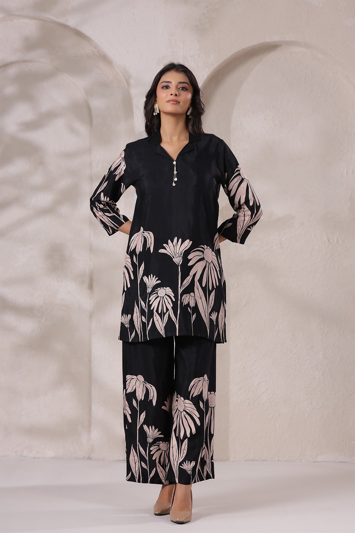 Black Floral Russian Silk Co-Ord Set